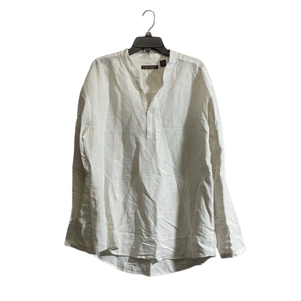 Cubavera 2X Shirt Linen Pullover V-Neck Long Sleeve Cream Embroidered Casual